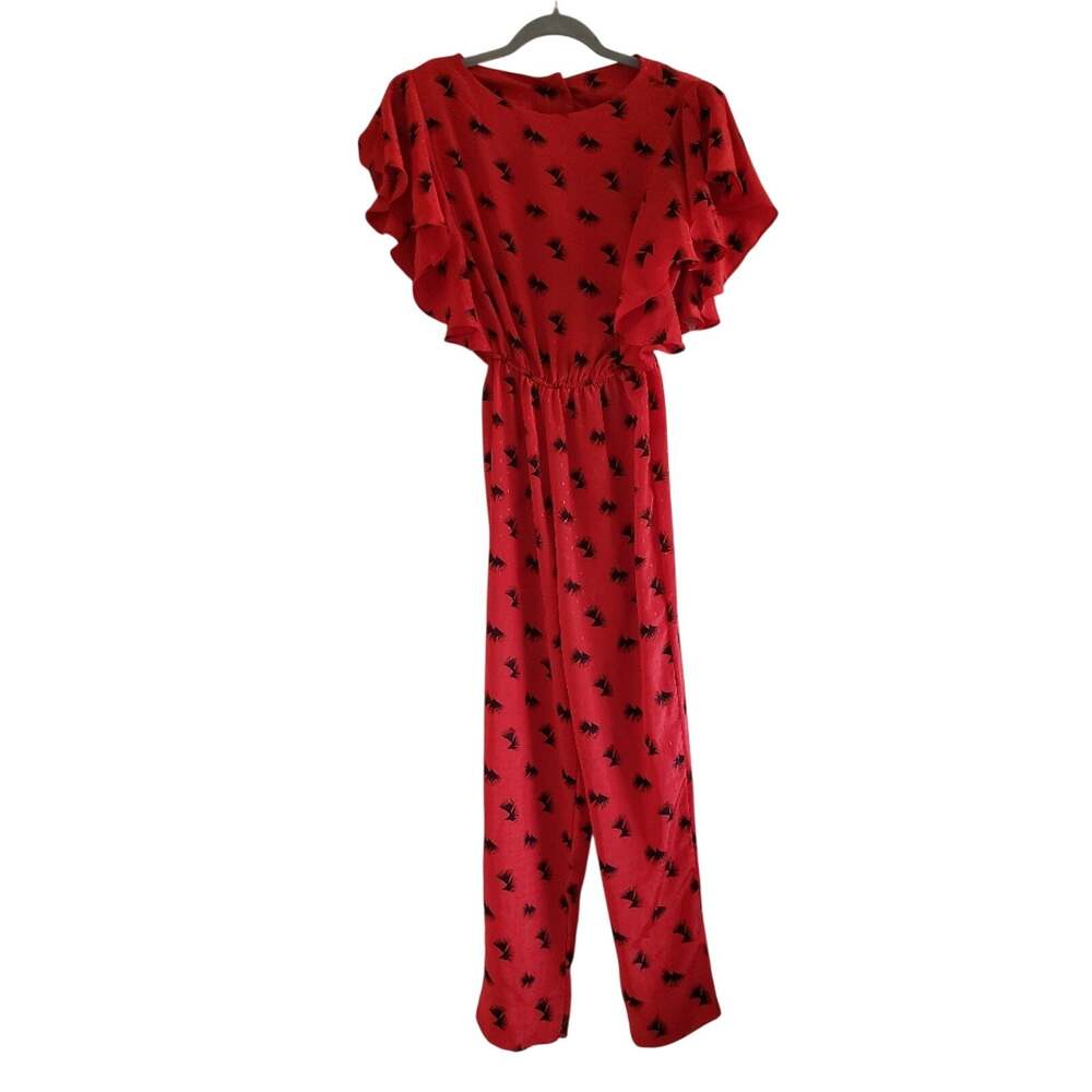 Red Black Tropical Palm Leaf Jumpsuit Flutter Sleeve Ruffle Party Romper Small